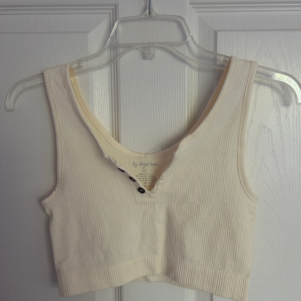 Together Cream Sleeveless Buttoned Crop Tank Top